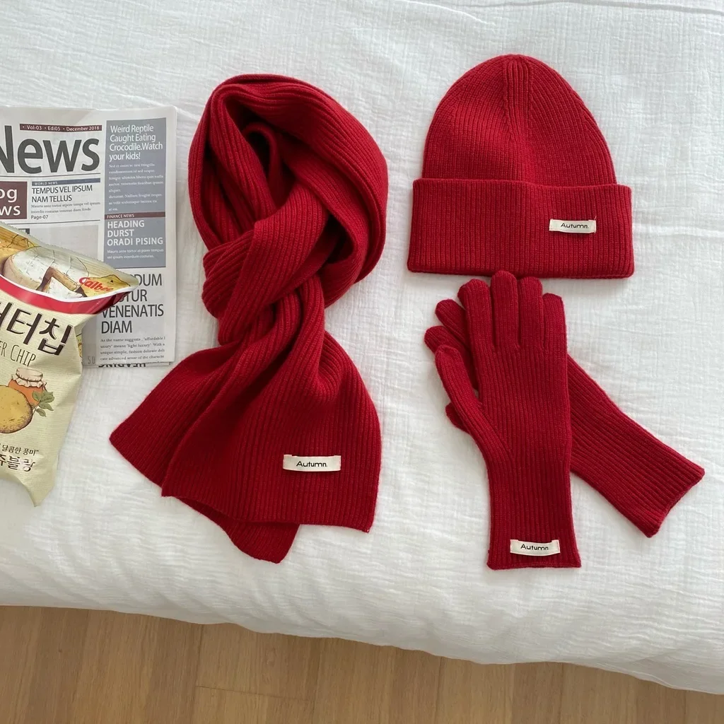 Women's Knitted Hat Scarf Glove Set Solid Warm Autumn Winter 2026 Fashion Green Blue Red Lovely 3 Pcs Hat & Glove Sets Women