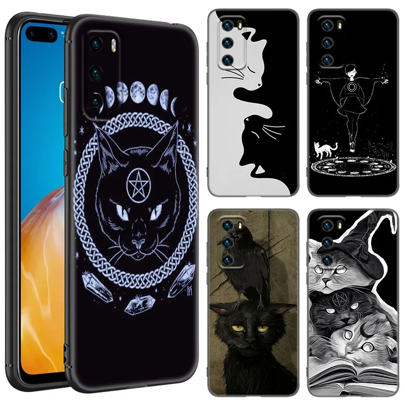 Coque De Téléphone En Silicone Noir, Motif Sorcière Et Chat, Pour Huawei P10 P20 P30 P40 Lite P50 P60 Art P50E P Smart Z 2018 2020 2021 Pro 2019