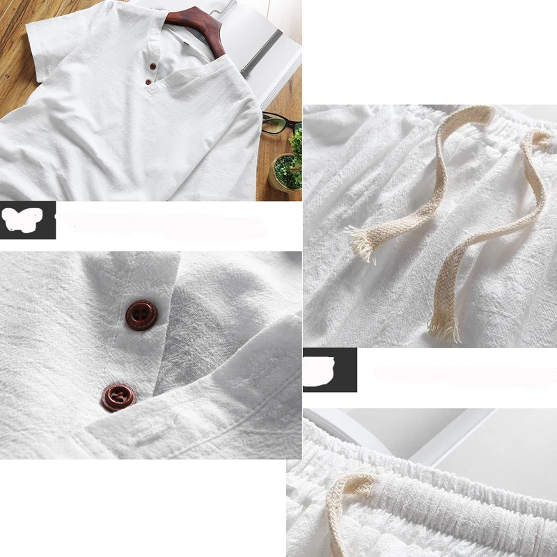 2024 Sleepwear for Man Summer Cotton and linen Lounge Wear V Neck Leisure Home Suit Plus Size 5xl Two Piece Pajama Set Men