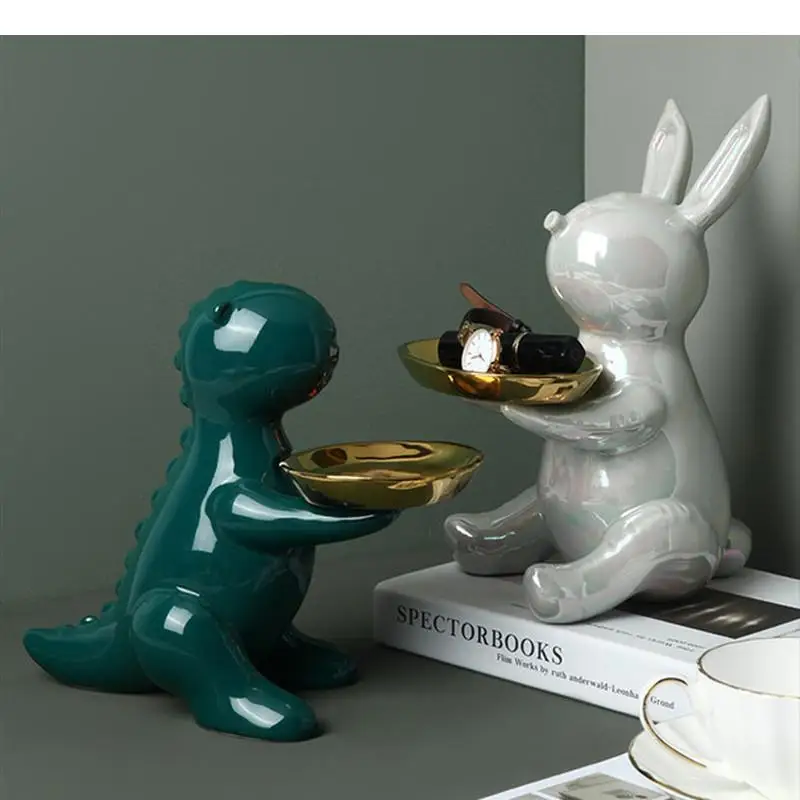

Ceramic Animal Ornaments Rabbit Dinosaur Statue Model Decoration Crafts Statuette Key Storage Box Tray Decoration Accessories