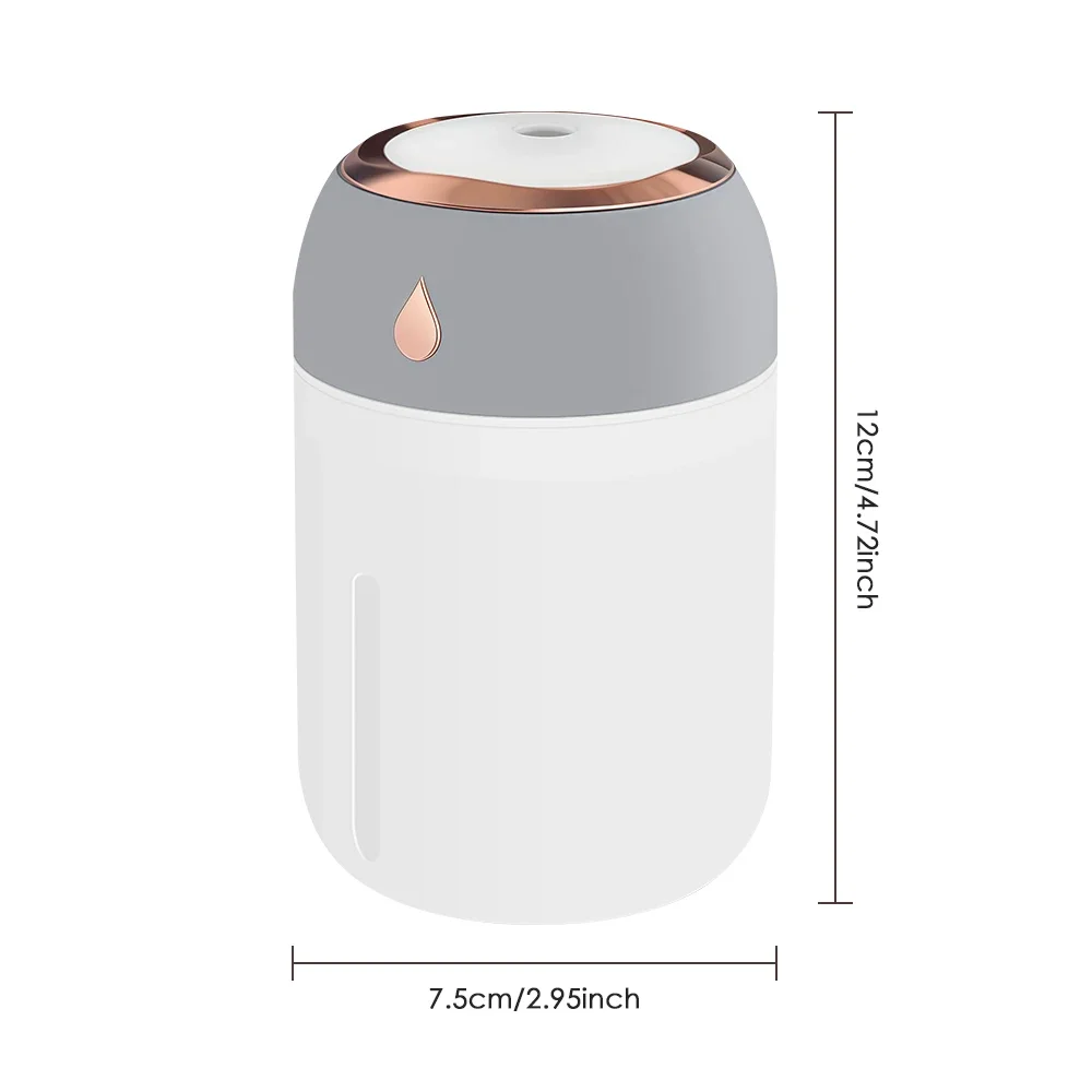 Mini USB Portable Air Humidifier, Aroma Diffuser, LED Cool Light, Mist for Car, Room, Home, Plant Purifier, 330ml ﻿