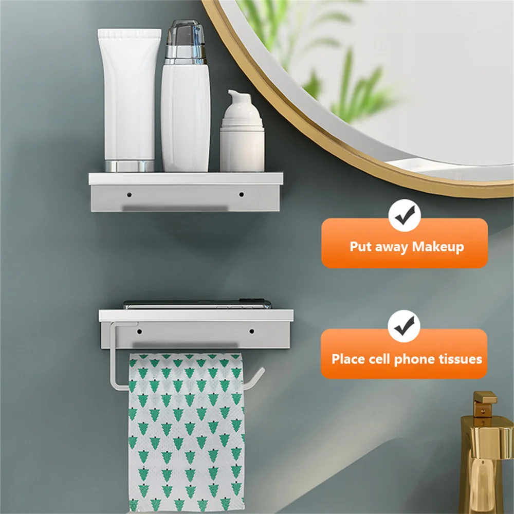 

Aluminum Alloy Toilet Paper Holder Shelf With Tray Bathroom Accessories Kitchen Wall Hanging Punch-Free Toilet Paper Roll Holder