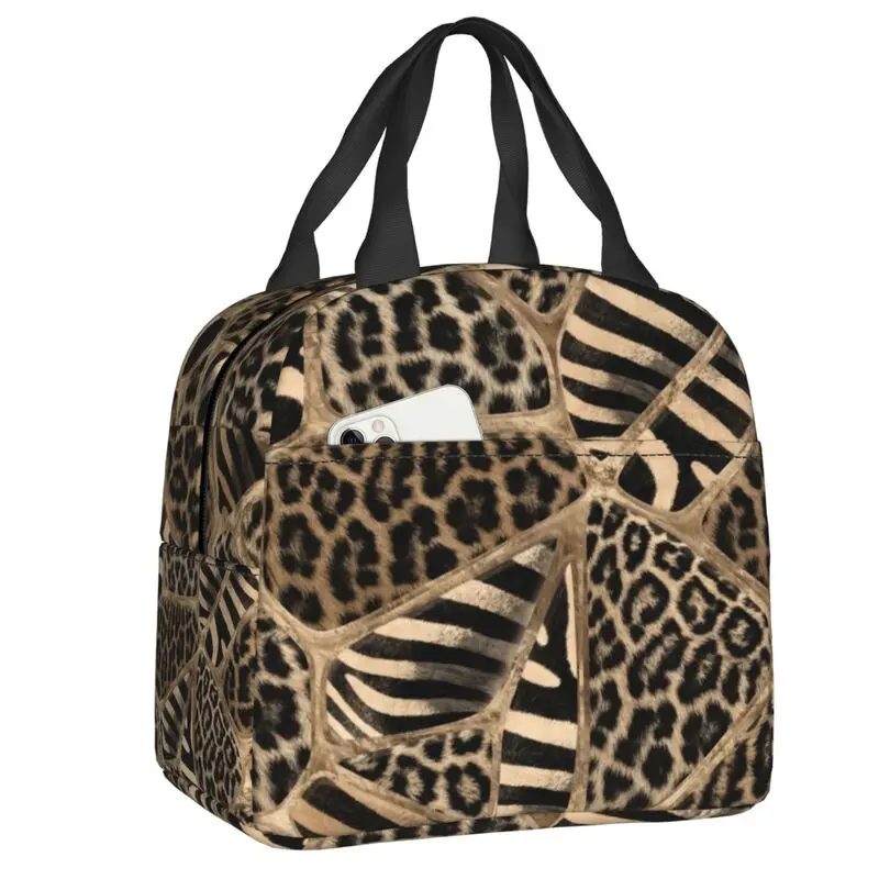 

Animal Print Insulated Lunch Tote Bag for Women Leopard And Zebra Pastel Gold Resuable Thermal Cooler Bento Box School