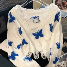 Fashion Butterfly Knitted Woman Harajuku Korean Sweaters Sweet Oversized Cropped Tops Off Shoulder Casual Loose Jumper  sweater