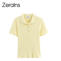 ZERAINS 2025 autumn new women's clothing sweet and fashionable jewelry collar ribbed polo shirt knitted T-shirt - Image 2