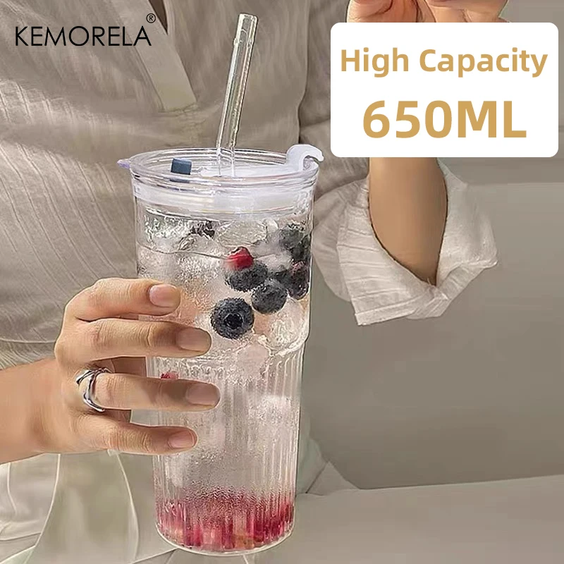 Stripe Glass Cup 1/2PCS 600ml with Lid Straw for Juice Water Iced Coffee glass cup