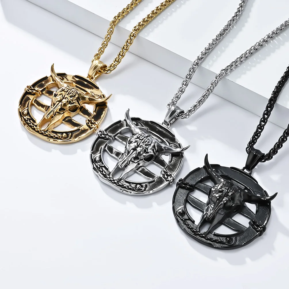 

JHSL Gothic Men Stainless Steel Statement Pendant Necklace Baphomet Goat Satanic Satan Demon Devil Gold Color Fashion Jewelry