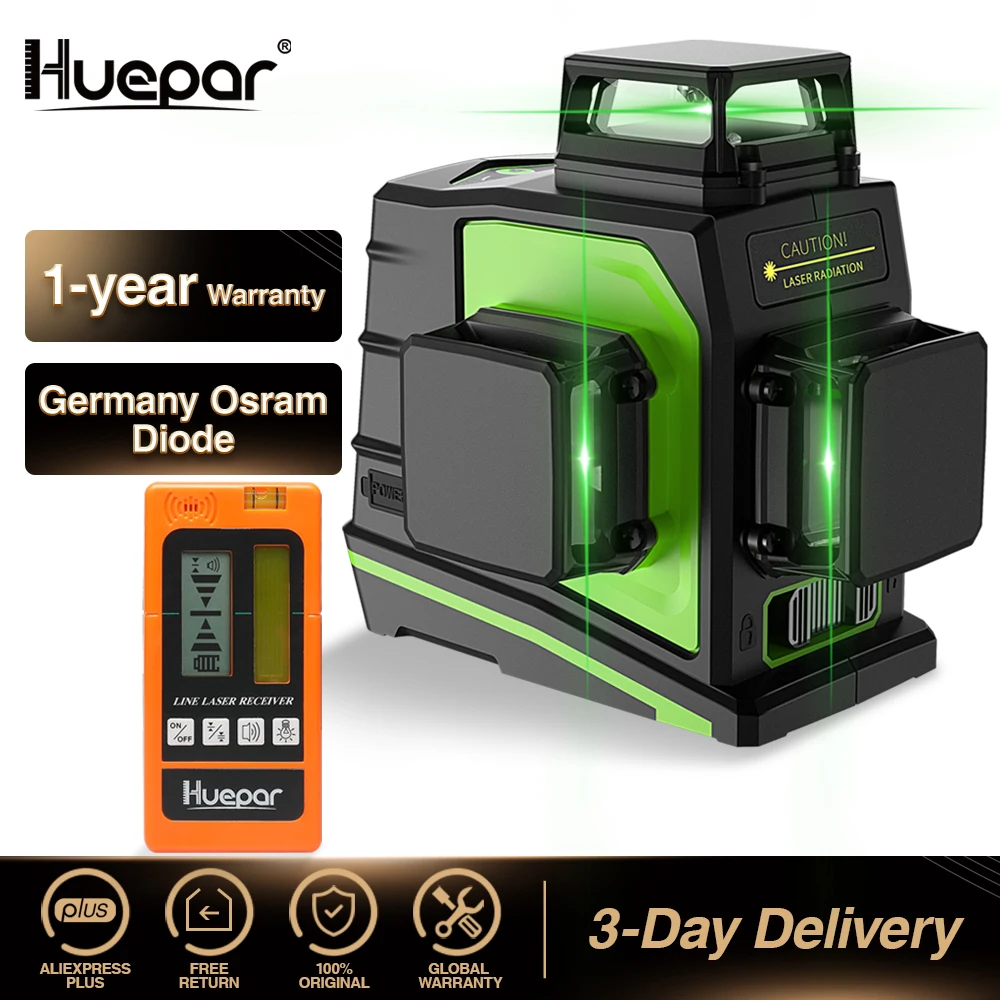  Huepar Nivel láser, nivel láser autonivelante con línea cruzada  de haz verde, línea láser vertical y horizontal, herramienta láser de  alineación de 100 pies para colgar fotos y aplicación de bricolaje