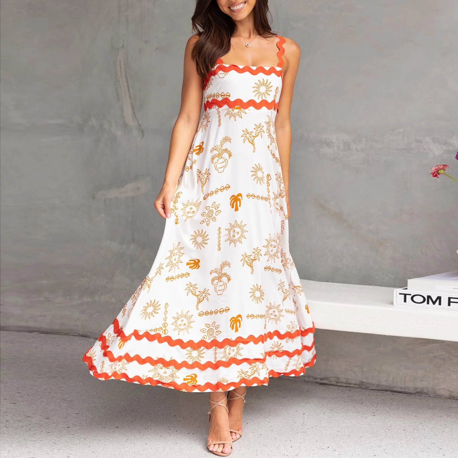 

Summer Women's Beach Style Sling Dress Sleeveless Sun Print Swing Long Dress for Cocktail Party