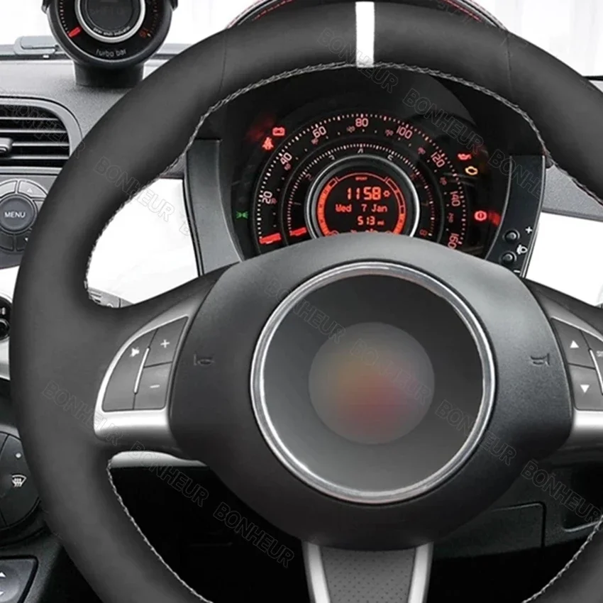Hand Sew Black Suede Car Steering Wheel Cover for Abarth 500 500C 595 595C 2009-2014 2015 2016 Fiat 500 GQ/S 500C S Linea 2010
