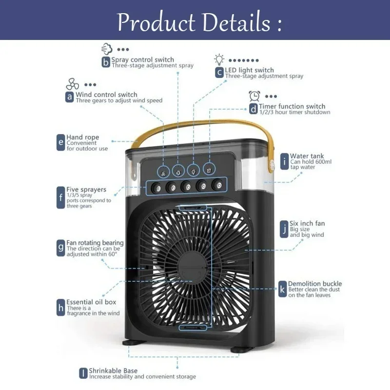 Cooling Fan Portable Humidifier Air Conditioner Fan Household Hydrocooling Water mist Cooler Portable Air Adjustment For Office 3 Speed Fan