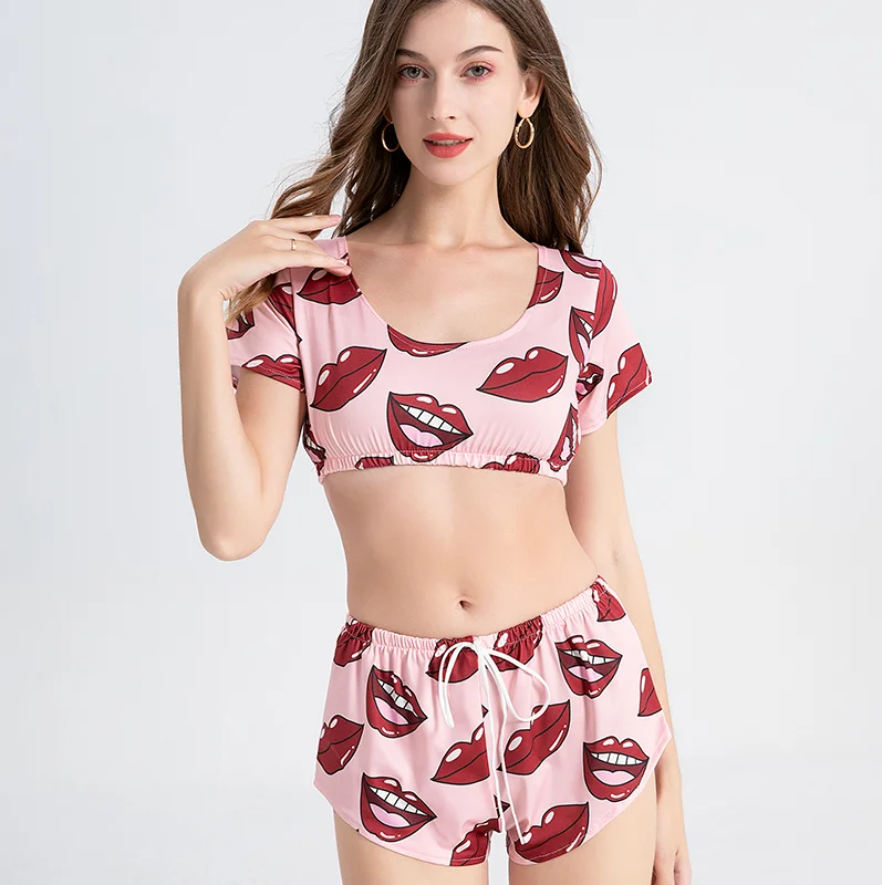 Summer Female Sleepwear Suit Pajamas 2pcs Top + Pants Women Homewear Underwear