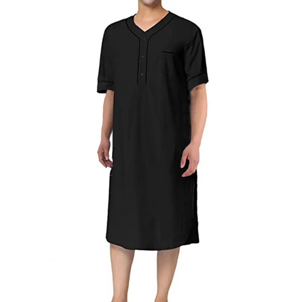 

Breathable Men Nightgown Men Nightgown Men's V-neck Short Sleeve Nightgown with Patch Pocket Solid Color for Leisure for Men