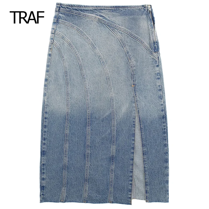 

TRAF Skirts For Women Summer 2024 Midi Jeans Skirt Wrap Mid Waist Y2k Slit Skirt Korean Style Skirt High Quality Cargo Skirts