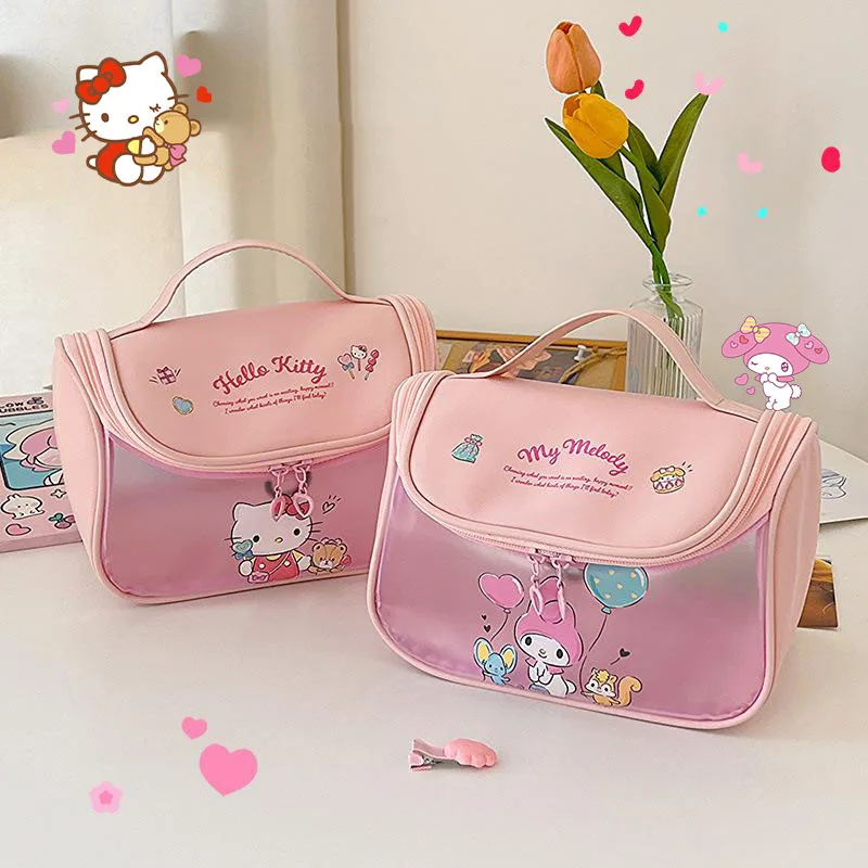 

Sanrio Makeup Bag Hellokitty Kuromi Large Capacity Portable Travel Storage Bag High Quality PU Creative Double Zipper Handbag