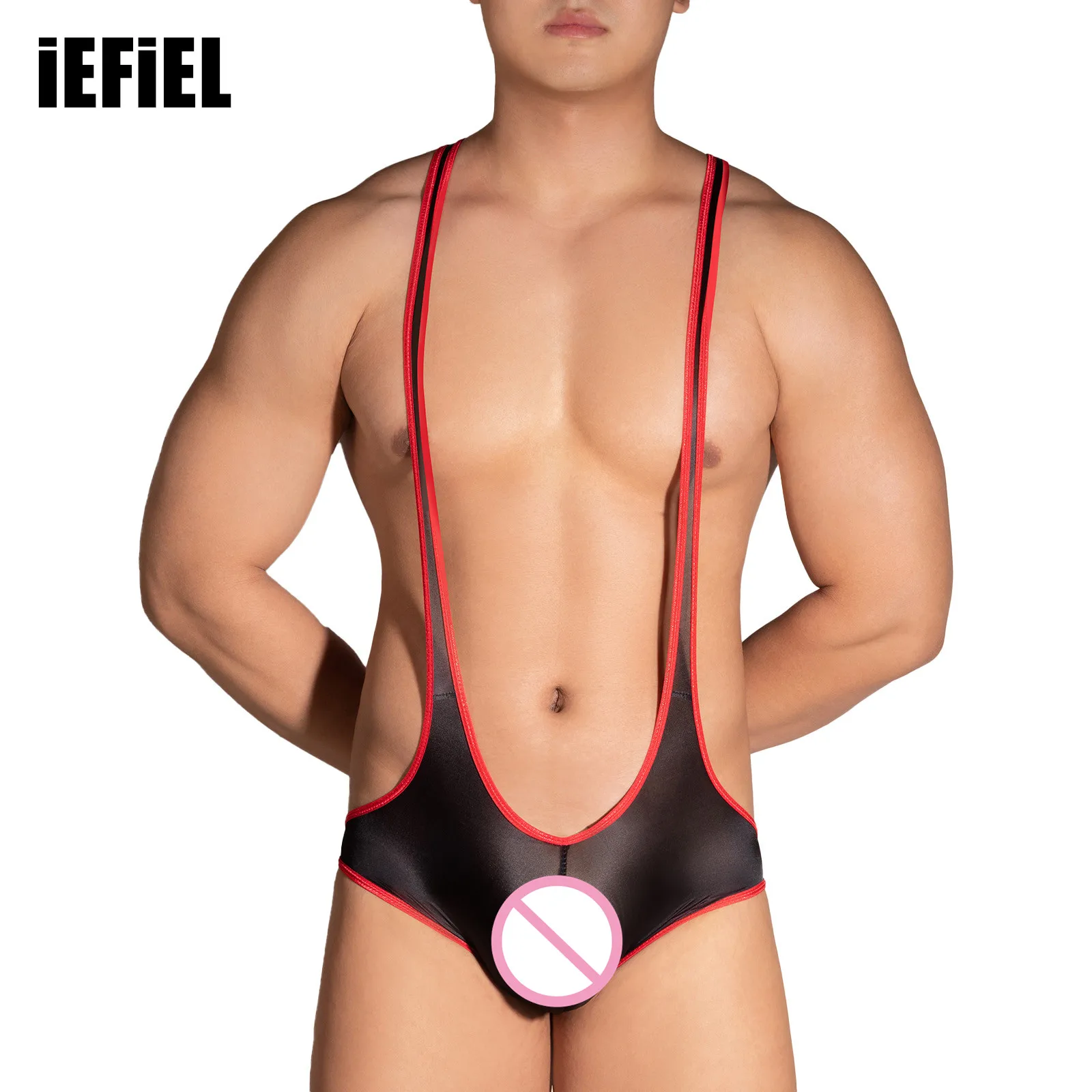 

Men Glossy Contrast Colour Bodysuit Mankini Underwear V Sling Straps Convex Pouch Thongs Stretchy Suspender Swimsuit