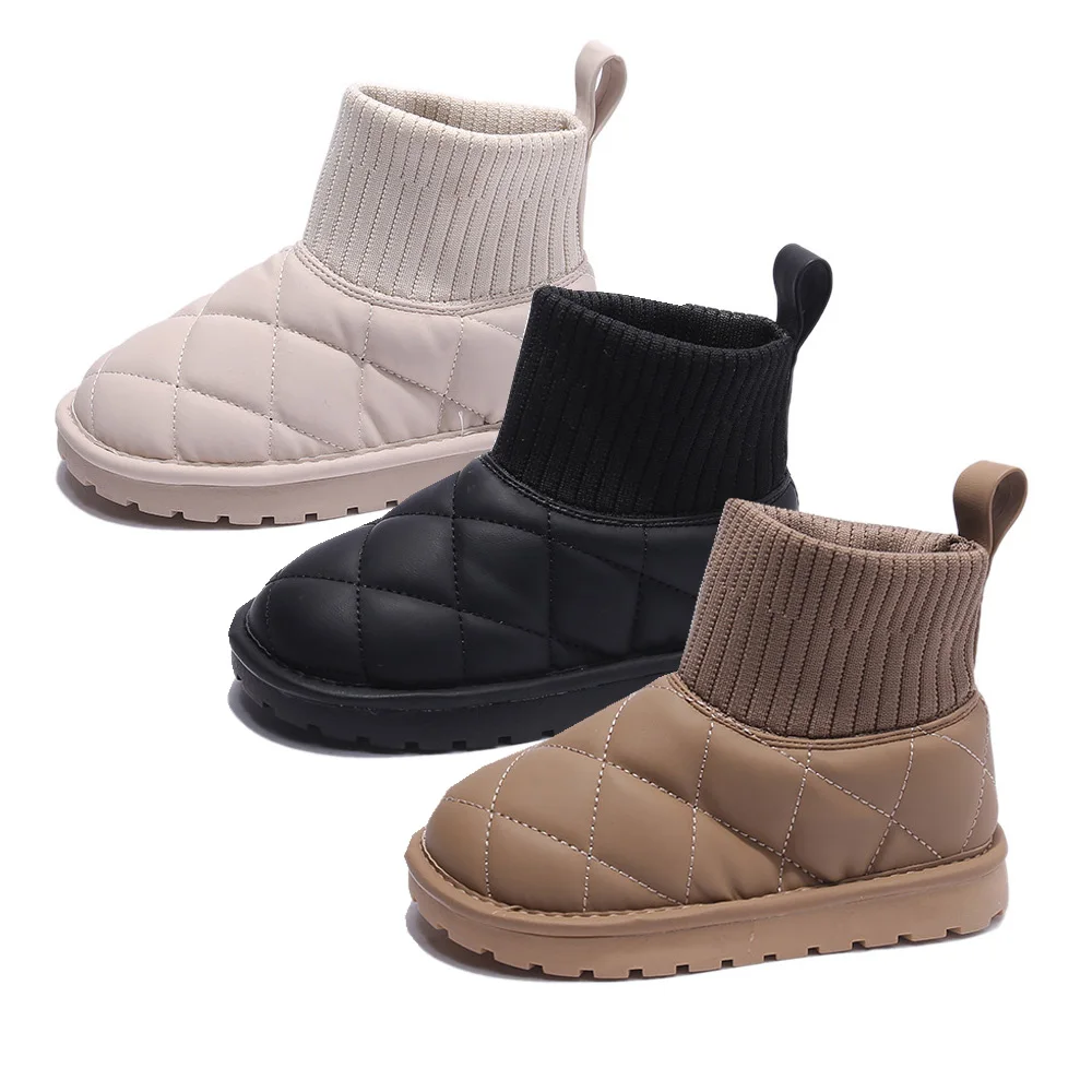 Fashion Children Girls Boots PU Leather Knitted Winter Kids Snow Boots for Girls Shoes Ankle Length Child Winter Shoes