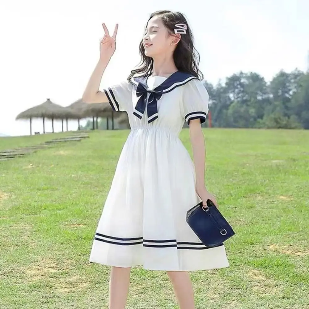 Sweet Bow Girls Preppy Style Dress Teenagers Party Summer Kids Dresses Beach Vacation Pleated Children Princess Dress Holiday