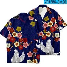 

Travel Men Casual Shirts Turn-Down Collar Print Crane Chinese T-Shirt Short Sleeve Spring Summer Coat Thin Rayon Jacket Oversize