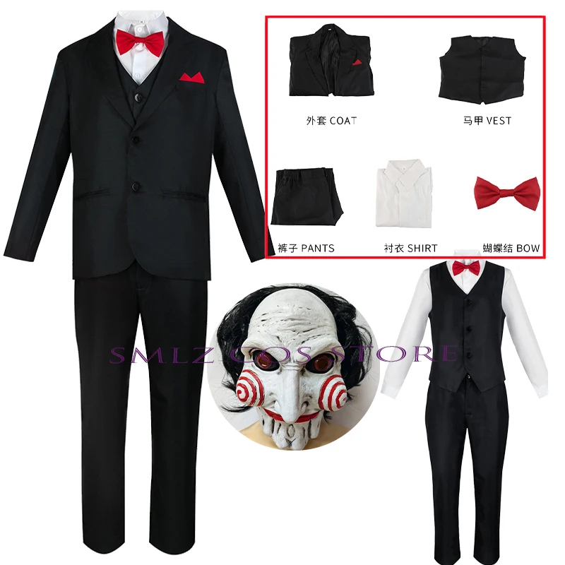 Jigsaw Killer Cosplay Anime Saw 10 Costume Uniforme Uomo Vestito Cappotto Gilet Pantaloni Set Halloween Party Mask Outfit Per Uomo