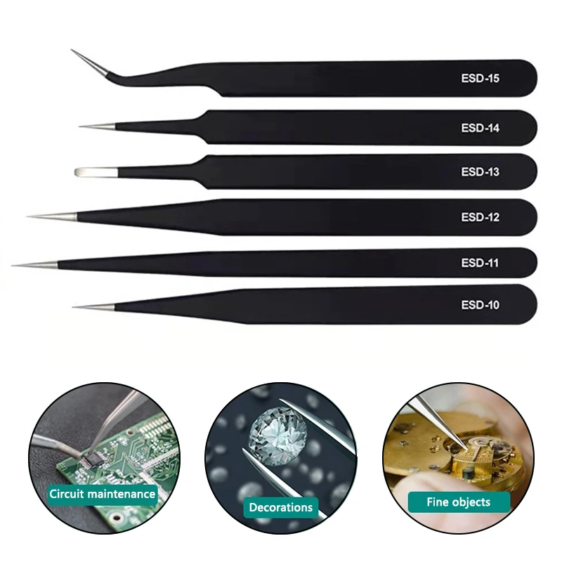 

6PCS/SET ESD Anti-Static Stainless Steel Tweezers Precision Maintenance Industrial Repair Curved Tool Home Working Model Making