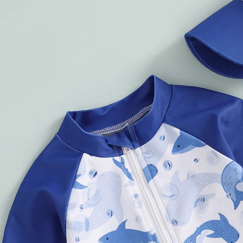 Baby Boys Two-Piece Swimwear Set with UV Protection Rash Guard Top Swim Shorts and Sun Hat in Cute Animal Print 5