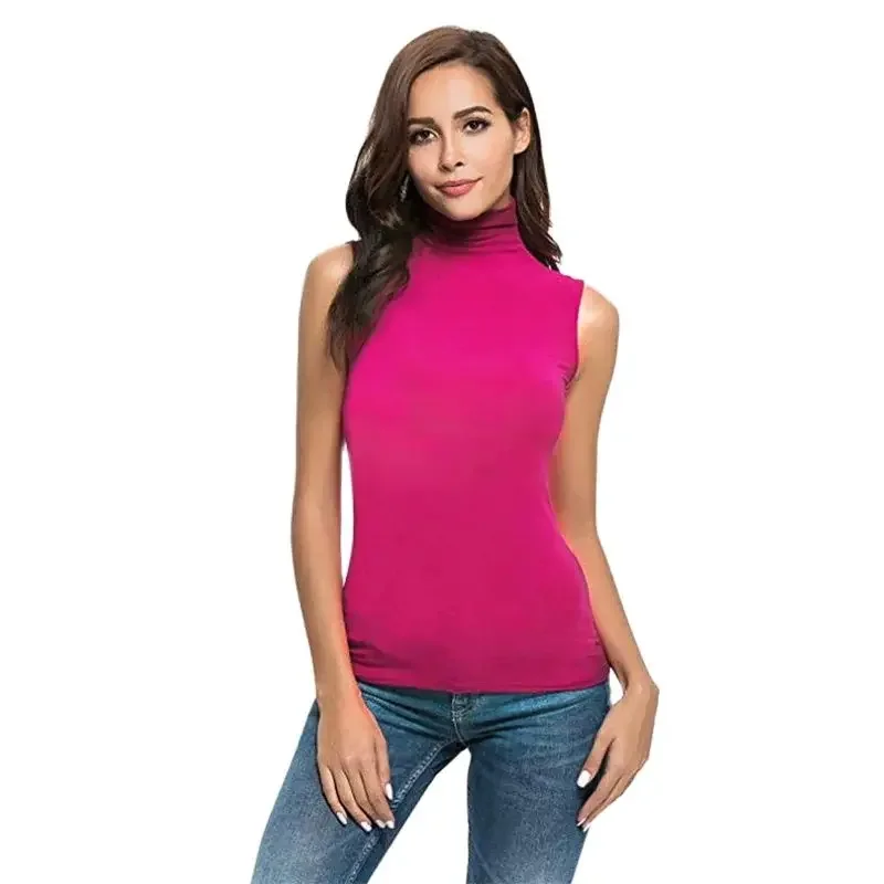 

Women Solid Color Turtleneck T-Shirt Summer Comfortable Casual Slim Sleeveless Stretch Tops Fashion Office Commuter Female Tees