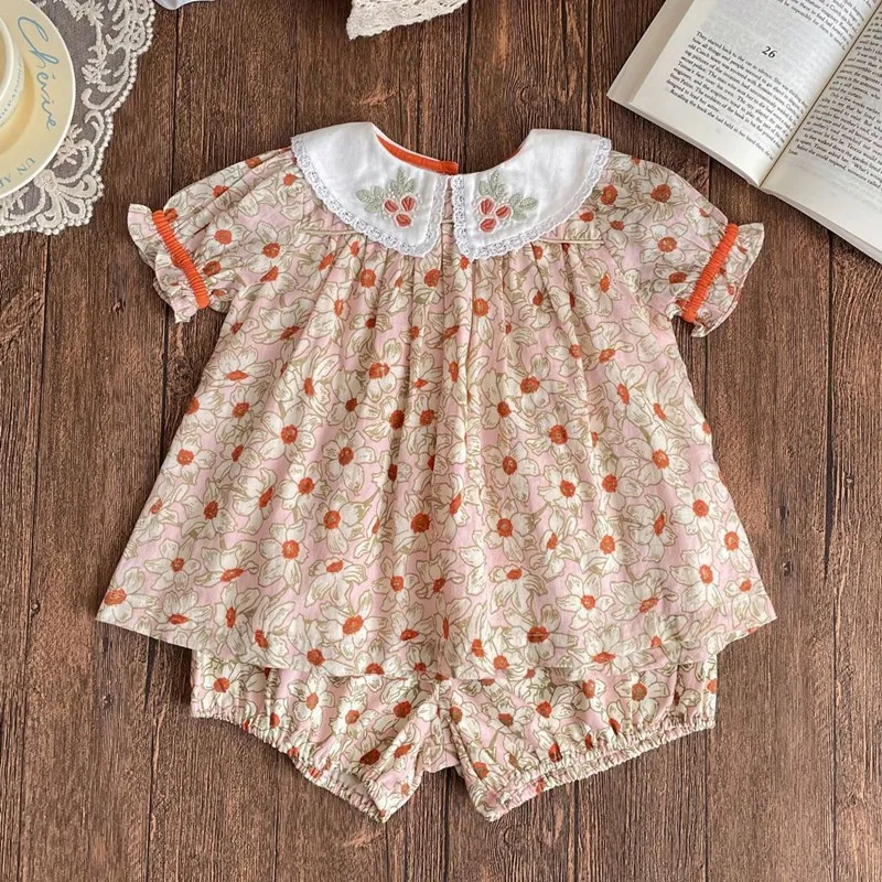 

summer baby set kids 2pcs clothing Polo collar floral print short sleeved top+shorts girls cotton set
