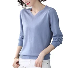 

2022 Autumn Spring V-Neck Long Sleeve Women Sweaters Solid Color Knitting Ladies Blue Pullovers Thin Casual Cotton Wool New Tops