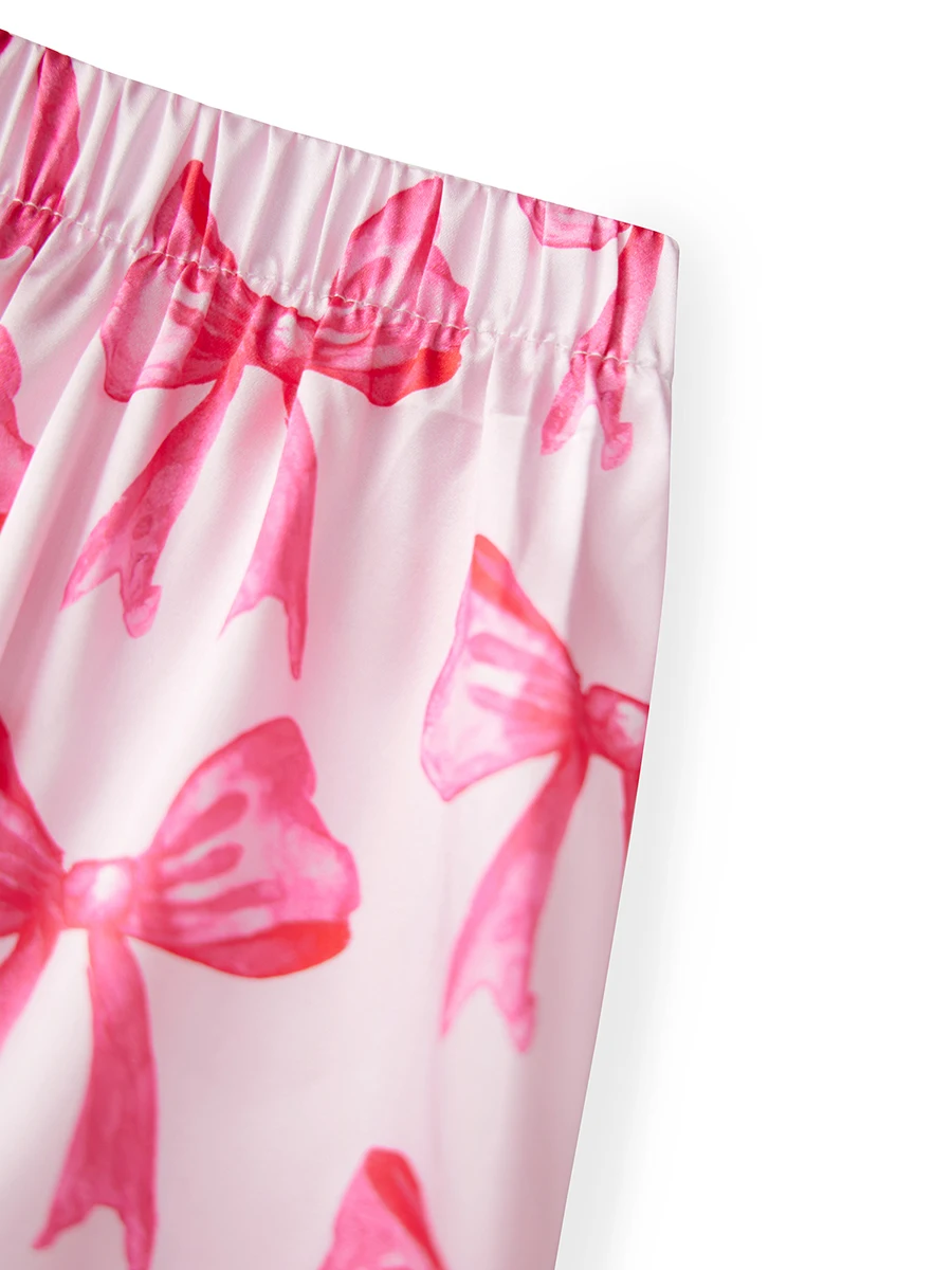 Women s Cozy Autumn Pajama Set with Cute Bow Print Soft Button Down Top and Matching Pants for Lounging 2 Piece Set for Fall