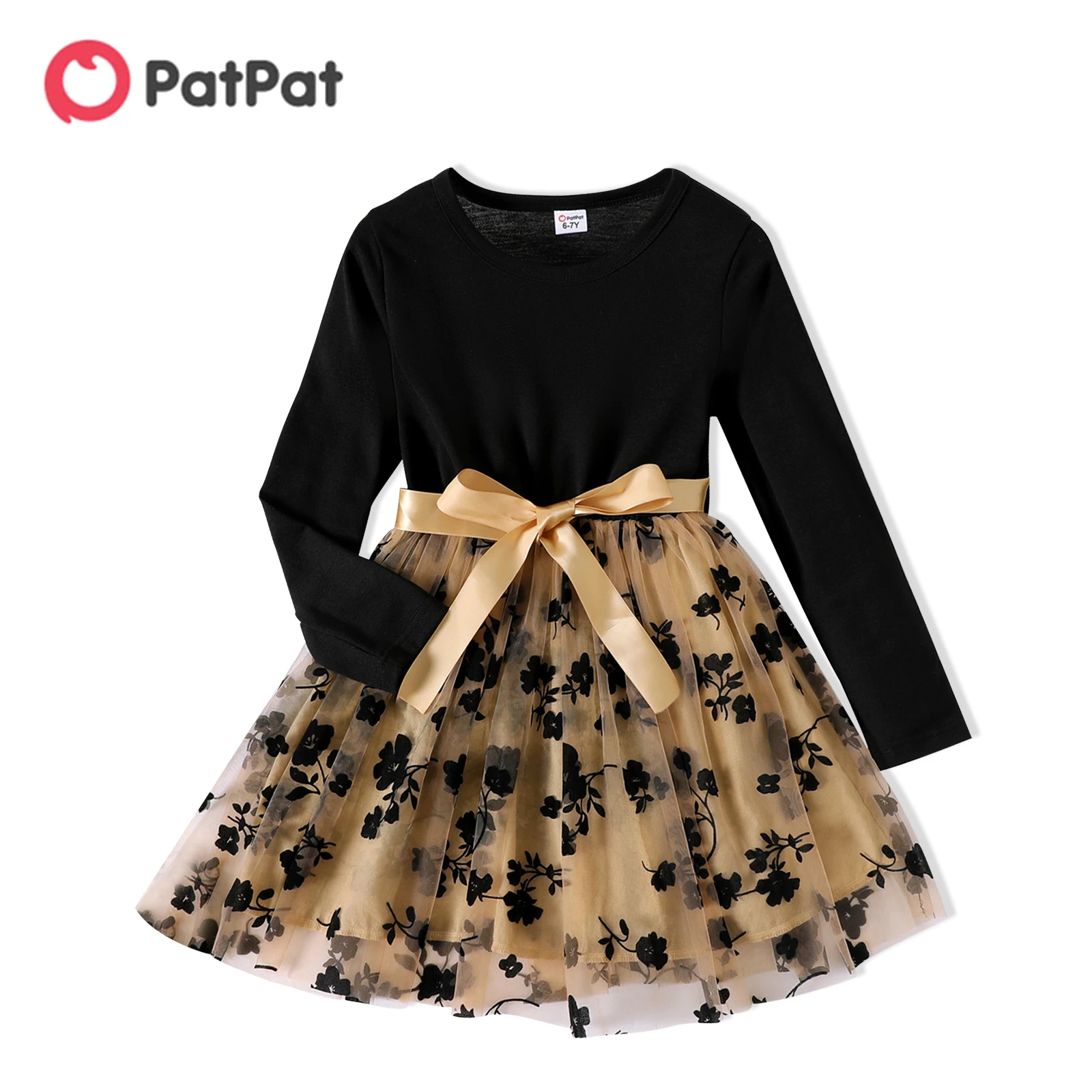 Girls Dress PatPat Kid Girl Dresses Floral Embroidered Belted Mesh Splice Long-sleeve Dress Kids Clothes