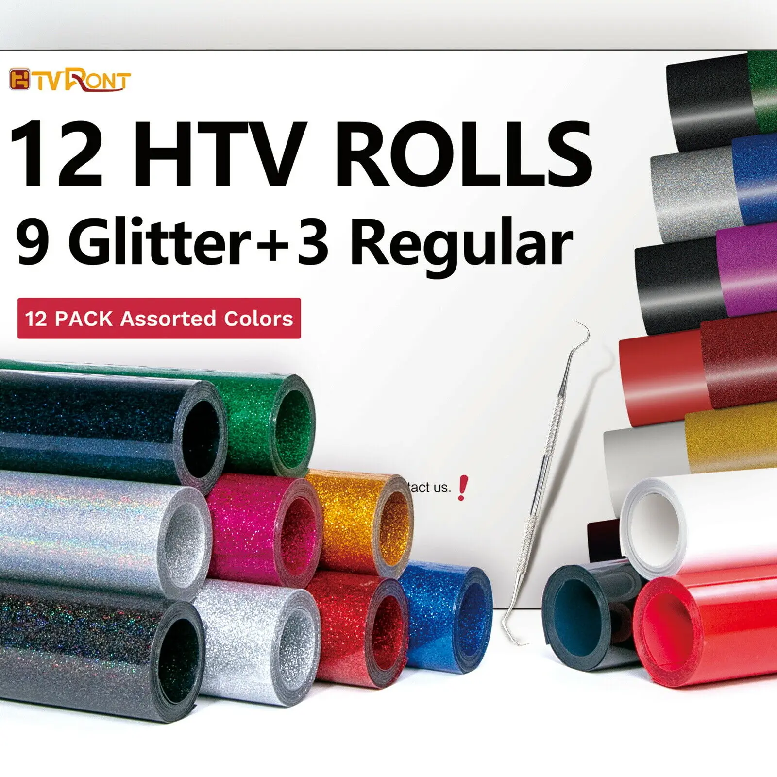 HTVRONT 12 Pack 10inX5ft/25cmX150cm Glitter Heat Transfer Vinyl Roll for Cricut T-shirt Printing DIY Iron on HTV Film Christmas