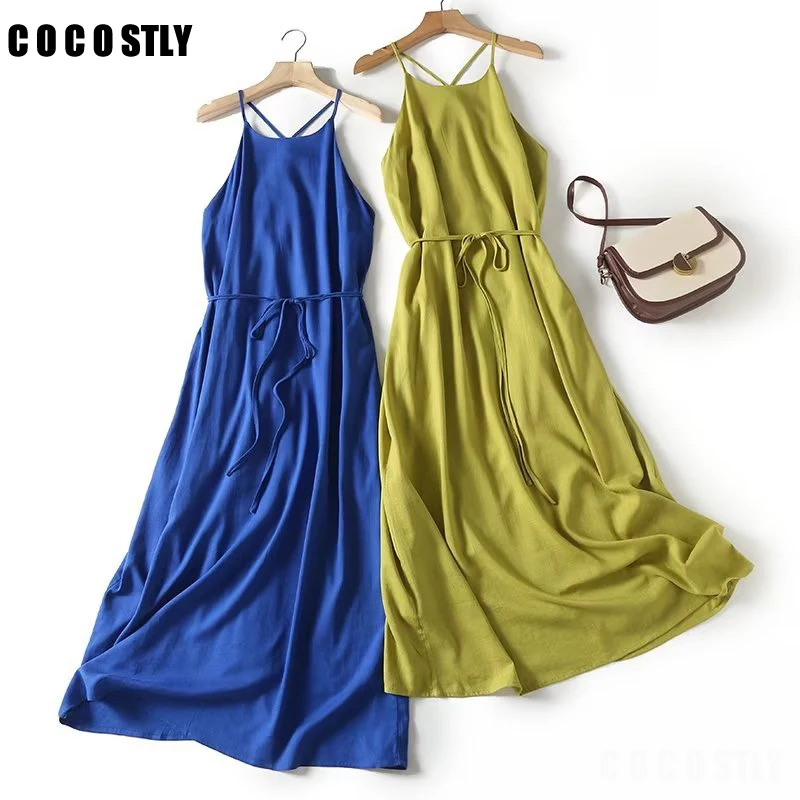 

2023 Summer New Women Linen Halter Long Dress Sexy Ladies Chic Sleeveless Backless Elegant Midi Beach Dresses Vacation Sundress