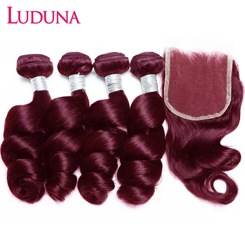 Luduna Burgundy Loose Wave Bundles With Closure 99J Bundles Human Hair With Lace Closure Brazilian Loose Wave Hair Extensions