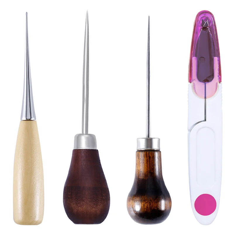 Leather Wood Handle Awl Durable Tools Hand Stitcher Leather Sewing Tools With Sciessor For DIY Craft Tool Set