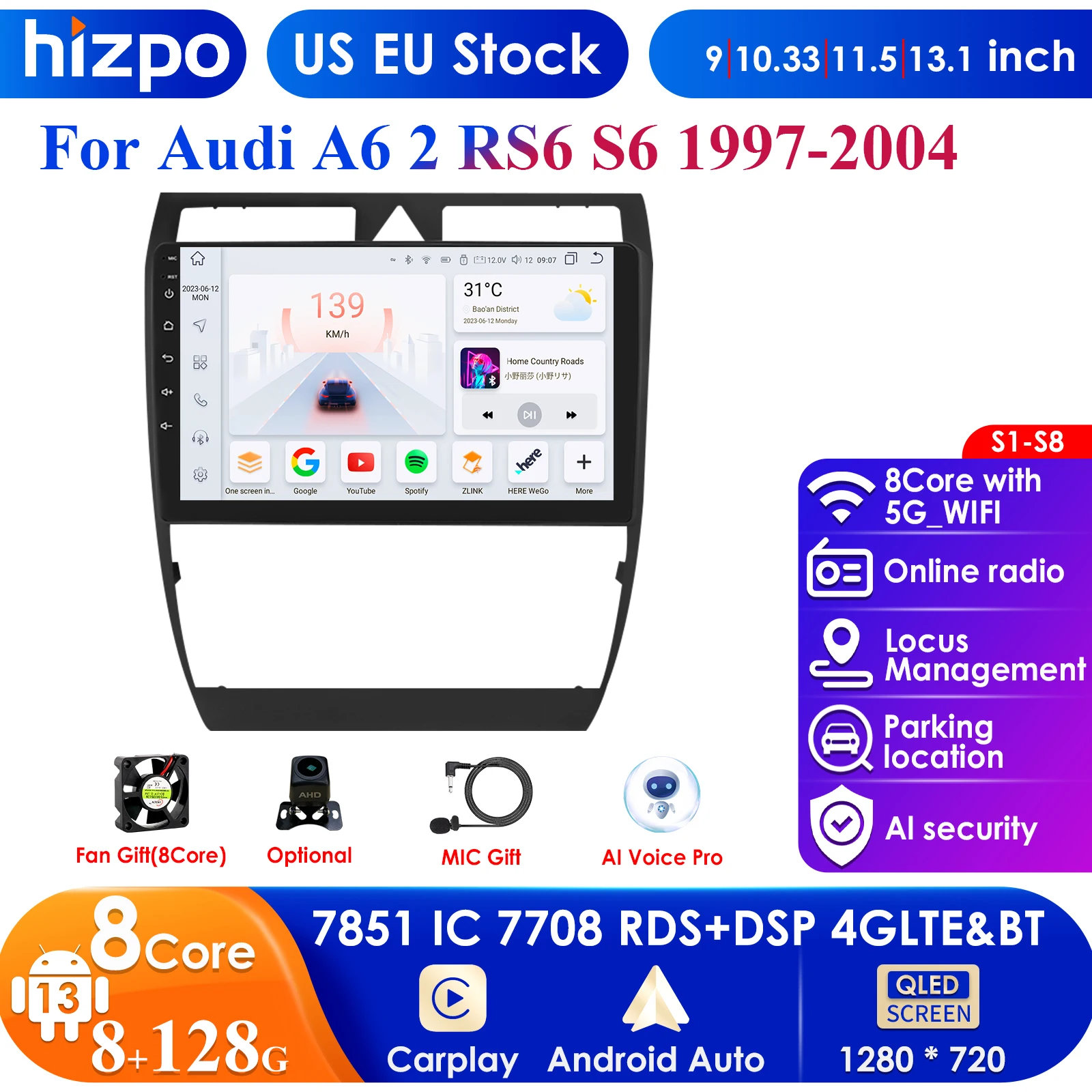 2 Din Android 13 Autoradio Per Audi A6 C5 1997 - 2004 S6 2 1999 - 2004 Rs6 1 2002 - 2006 Lettore Video Multimediale 4G Carplay Auto