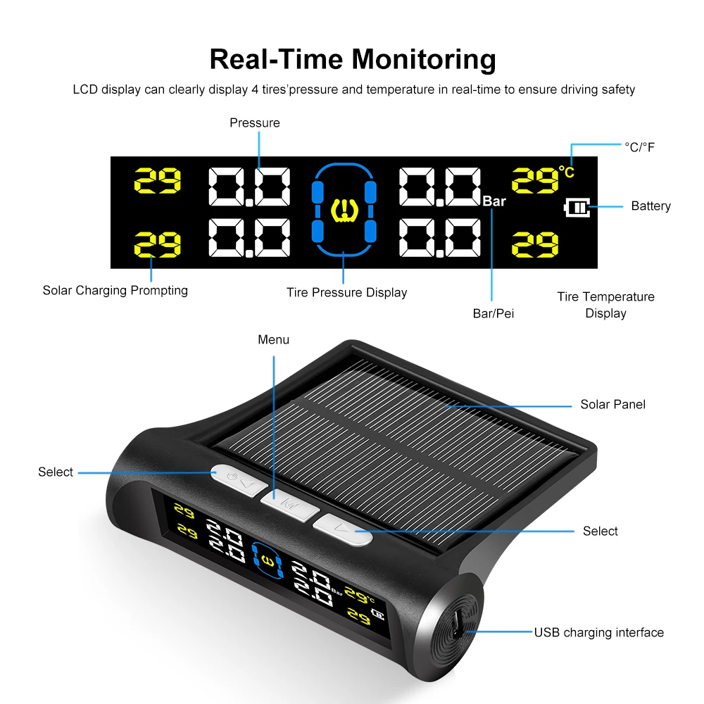 Smart Car TPMS Tire Pressure Alarm Monitor System with 4 Sensors Display Solar Power Tyre Pressure Temperature Warning System