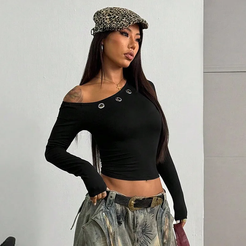 Spring and Autumn New Women's Slant Neck Off-Shoulder Buckle Long Sleeve T-Shirt Fashion Slim-fit Solid Color Pullover Short Top