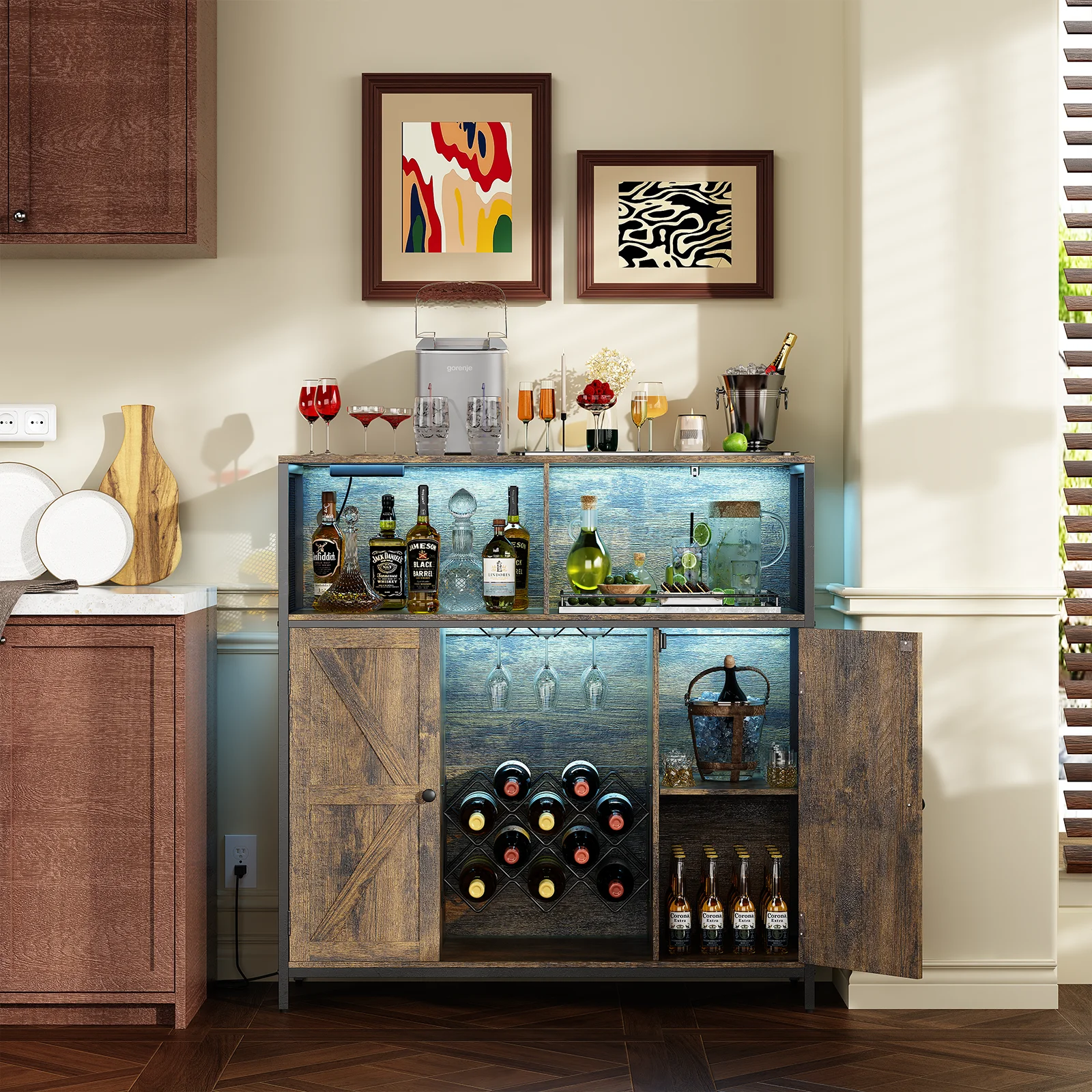 Redlife Bar Cabinet w/ Power Outlets Liquor Cabinet w/ LED Light Glass Holder Industrial Storage Buffet for Home Kitchen