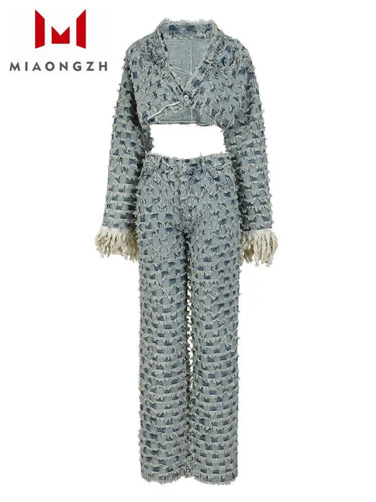 

Autumn New Denim Suit For Women Tassel Long Sleeve Single Button Plaid Short High Waist Jeans Pants Two Piece Set Female Fashion