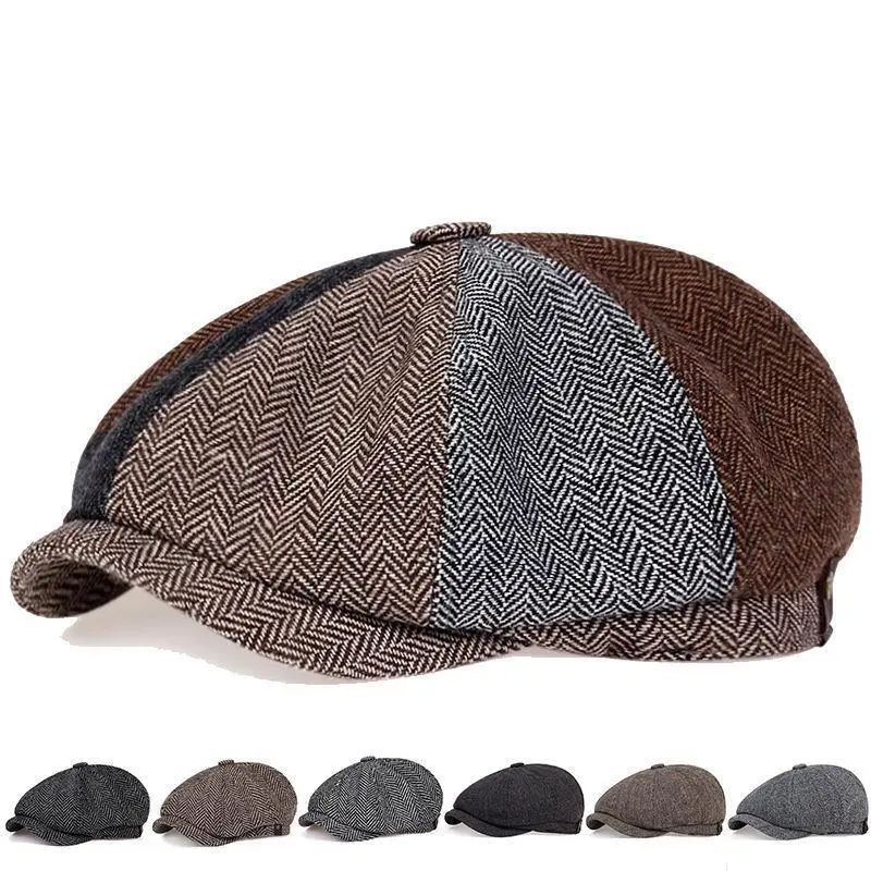 Retro Tweed Beret Hat Men Gatsby Beret Hats Street Caps Peaked Octagonal with Brim Caps Winter Spring Hip Hop Beret Hat Woolen Beret