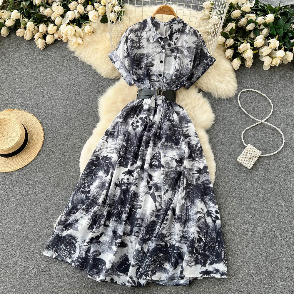 Vintage Tie Dye Print Shirt Dress Women Elegant Summer High Waist Slim A Line Printed Chiffon Long Robe Ladies Casual Long Robe
