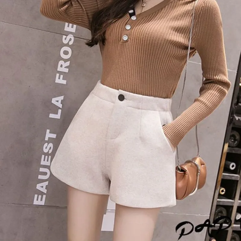 Women's High Waisted Elastic Woolen Autumn Winter 2024 New Solid Color Sashes Button Wide Leg Pants Loose Pockets Casual Shorts