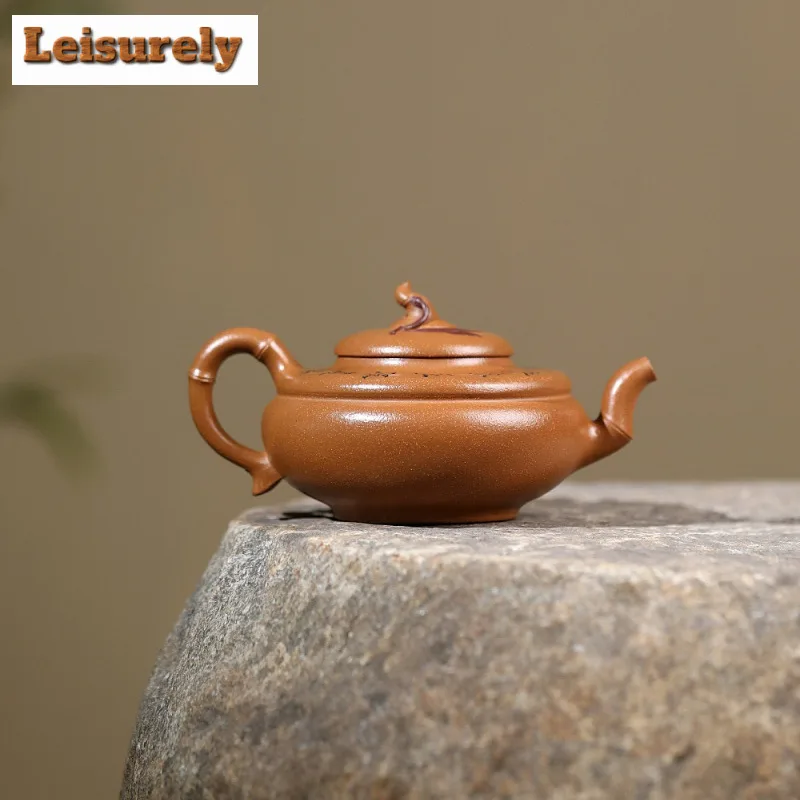220ml Yixing Purple Clay Teapots Handmade Flat Bamboo Drum Pot Raw Ore Gold Section Mud Tea Making Kettle With Infuser Zisha Tea