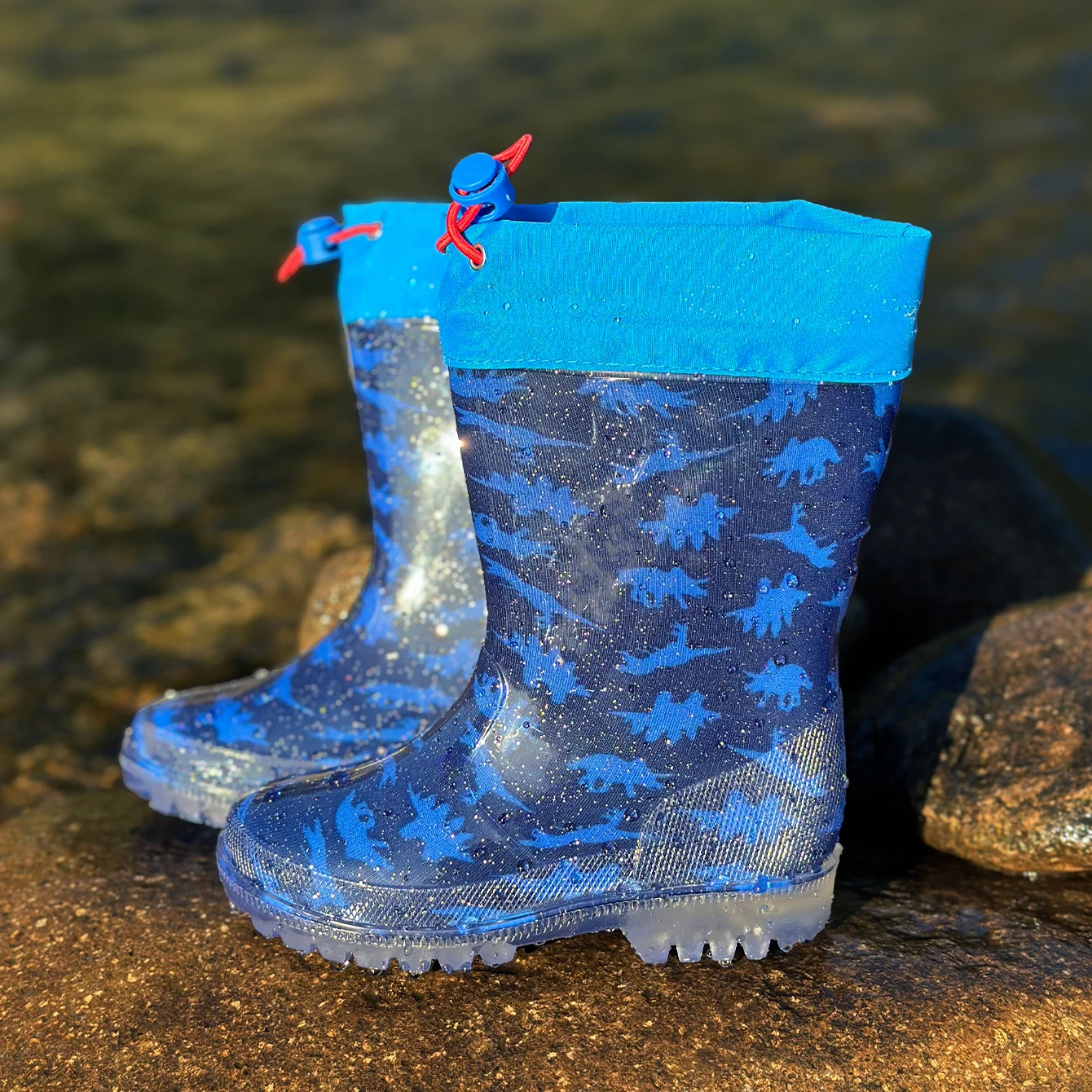 Bottes de Pluie en PVC à Paillettes de Dinosaure Bleu pour Enfant