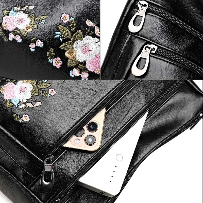 Fashion PU Leather Luxury Multi-pocket Handbags High Quality Women's Bag Flower Embroidery Design Ladies Crossbody Shoulder Bags