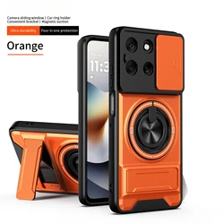 Slim Magnetic Ring Protective Phone Case with Sliding Window and Double Bracket - Durable Hard Shell Design for Redmi 15C 171MM (Orange)