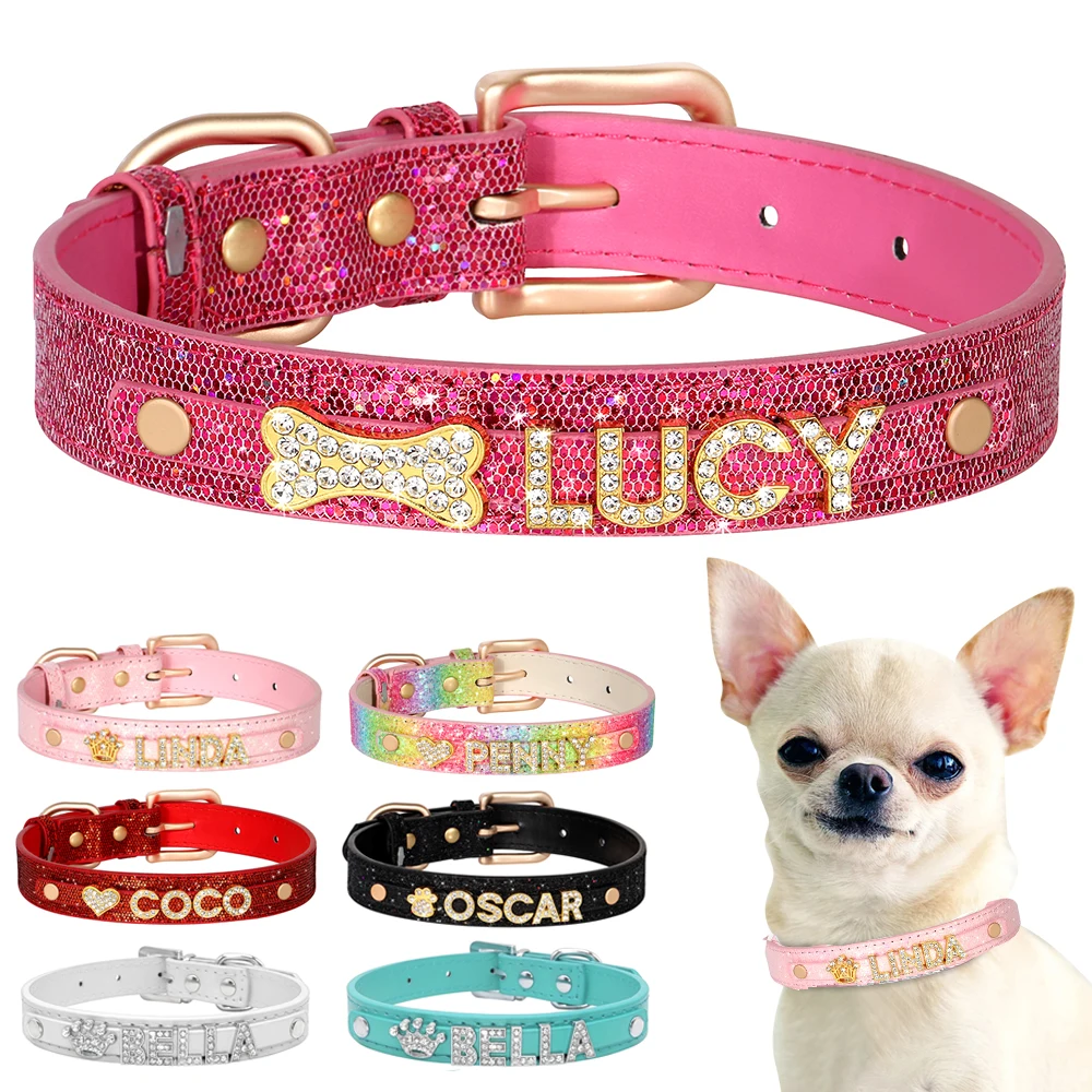 Personalized Small Dogs Chihuahua Collar Bling Rhinestone Dog Collars Free Custom Pet Dogs Cats Name Charms Pet Accessories