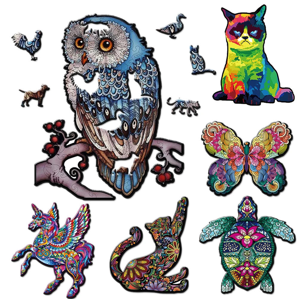 

6 Styles DIY Animal Wooden Puzzle Jigsaw Puzzle Owl Lion Wolf Wooden Puzzle Blocks Intelligence Puzzle Toys for Adults Kids