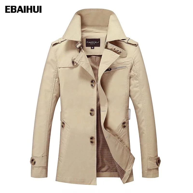 EBAIHUI Trench Coat Men Solid Mid length Autumn Mens Jacket Young